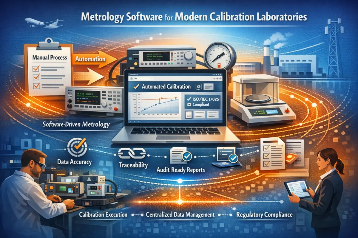 Metrology software for modern calibration laboratories showing automated calibration, ISO/IEC 17025 compliance, traceability, and centralized data management